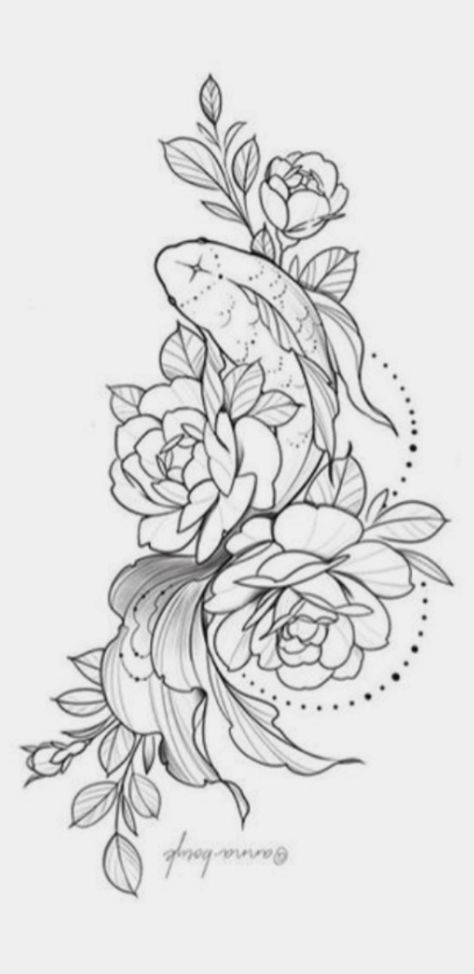 Tattoo Sketches Woman, Koi Flower Tattoo, Koi And Flower Tattoo, Koi Leg Tattoo, Japanese Half Sleeve Tattoo Design Women, Koi Fish Lily Pads Tattoo, Fish Tattoo Forearm, Inner Forearm Tattoo Design, Feminine Koi Tattoo