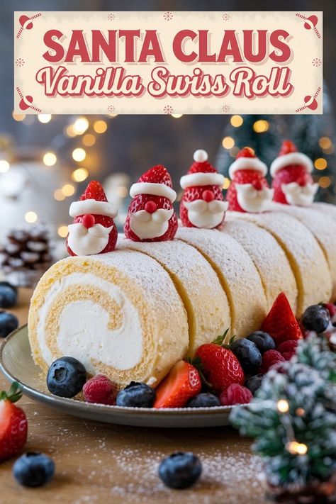 Discover the magic of the holidays with our Vanilla Swiss Roll recipe, featuring delightful Strawberry Santa Claus decorations. Perfect for festive gatherings, this dessert combines light, airy Swiss roll with a rich mascarpone filling and charming strawberry Santas. A must-try holiday treat! Apple Swiss Roll, Christmas Jelly Roll Cake, Christmas Swiss Roll Cake, Christmas Cake Roll Recipes, Swiss Cake Roll Recipe, Roll Cake Decoration, Christmas Swiss Roll, Vanilla Swiss Roll Recipe, Vanilla Roll Cake