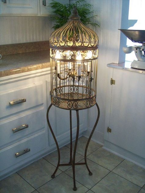 Vintage Bird Cage Decor, Birdcage Light, Birdcage Decor, Birdcage Lamp, Birdcage Chandelier, Chandelier Prisms, Vintage Birdcage, Tall Plant, Cage Chandelier