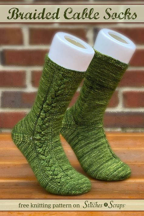 A chunky, 3-part cable climbs the leg of these braided cable knit socks. The toe-up construction with afterthought heels makes them as fun to knit as they are to wear! #Cables #Cableknitting #SockKnitting #KnitSocks #CableSocks #StitchesnScraps Afterthought Heel Socks Free Pattern, Cable Socks Knitting Pattern, Cable Sock Knitting Pattern, Toe Up Sock Knitting Patterns Free, Cable Knit Socks, Intermediate Knitting Patterns, Advanced Knitting, Cable Knitting Patterns, Cable Knitting