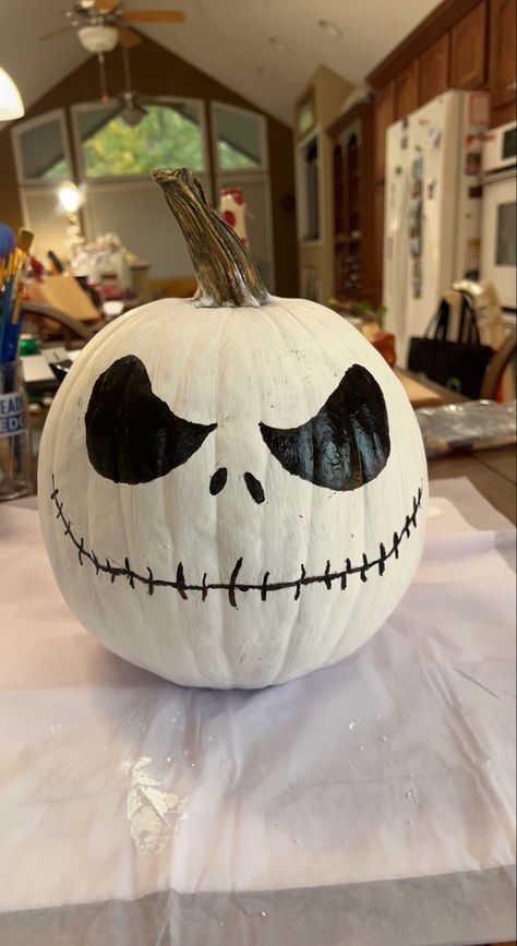 Skeleton Painting Pumpkin, Carving And Painting Pumpkins Ideas, Painted Pumpkin Skeleton, Jack Skelton Pumpkin, Painting Pumpkins Jack Skellington, Painted Nightmare Before Christmas Pumpkins, Pumpkin Painting Skeleton, Pumpkin Carving Ideas Paint, Disney Villain Pumpkin Painting