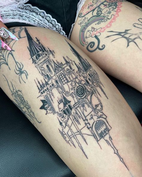 #sanriotat #castletat #emotat Castles Tattoo, Apollo Tattoo, Care Bear Tattoos, Tattoo Samples, Castle Tattoo, Web Tattoo, Pretty Hand Tattoos, Creepy Tattoos, Weird Tattoos