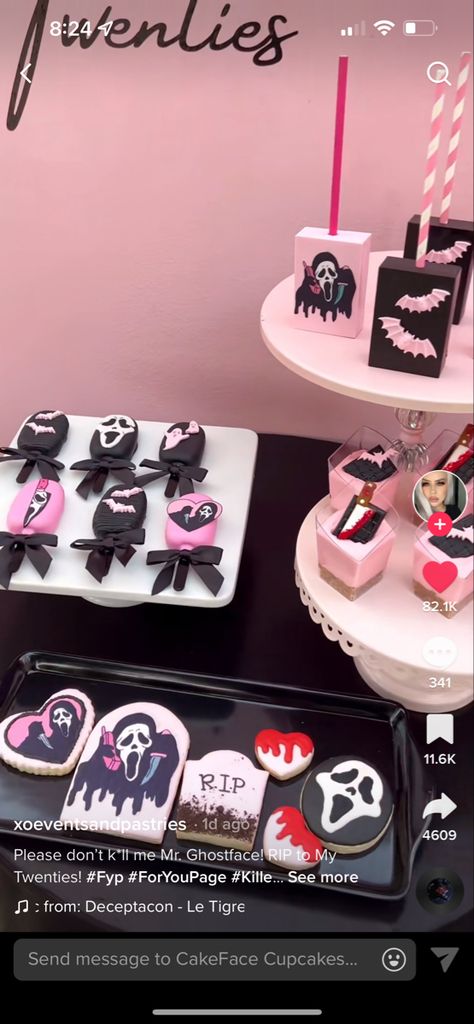 Scream Movie Desserts, Scream Movie Party Decorations, Ghostface Dessert, Scream Themed Sleepover, Scream Sweet 16, Scream Movie Cookies, Pink Ghostface Party, Ghostface Themed Party, Ghost Face Halloween Party