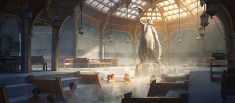 VON - 2 - Bathhouses, Hector Mateo Pino on ArtStation at https://www.artstation.com/artwork/oOYaZJ Bathhouse Art, Public Bath, Medieval World, Landscape Concept, Aesthetic Shop, Building Art, Fantasy City, Fantasy Castle, Fantasy Setting