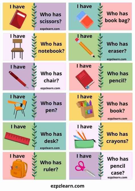 Free Printable I have Who has English Game For Kid School Classroom Kindergarten Preschool Activity English For Grade 1, English Class Games, Story Sequencing Pictures, English Games For Kids, Speaking Activities English, Classroom Objects, Words Worksheet, Sequencing Pictures, Classroom Kindergarten