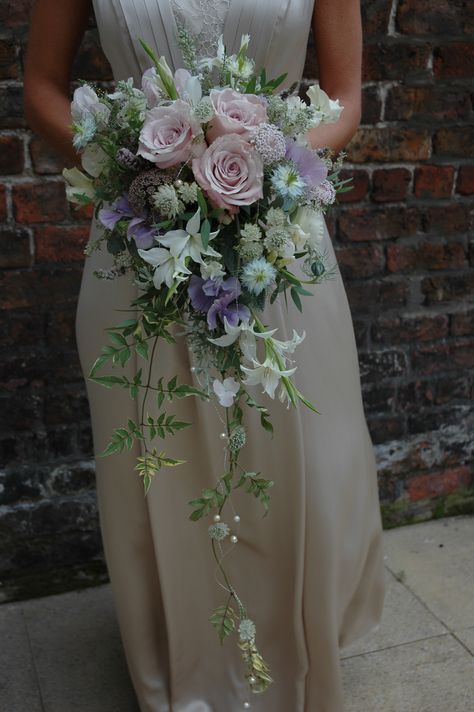 Hayley's rose and jasmine vintage style cascade bouquet Cascade Bridal Bouquet, Garden Wedding Bouquet, Bridal Bouquet Spring, Cascading Bridal Bouquets, Cascading Wedding Bouquets, Bridal Bouquet Pink, Country Garden Weddings, Bridal Bouquet Flowers, Lilac Wedding