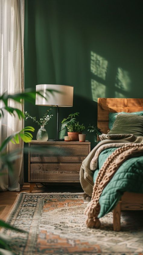 15 Enchanting Moody Bedroom Inspirations - Planted Shack Green Bed Spread, Moody Bedroom Colors, Dark Green Bed, Dark Green Bedrooms, Forest Inspired Bedroom, Dark Wood Bed Frame, Dark Green Bedroom, Dark Wood Bed, Green Bedrooms