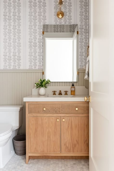 Pattern Mixing 101: 4 Simple Tips - Studio McGee Modern Half Bath, Studio Mcgee Bathroom, Mcgee Bathroom, Mcgee Home, Timeless Bathroom, Studio Mcgee, Striped Wallpaper, Bathroom Wallpaper, Decoration Inspiration