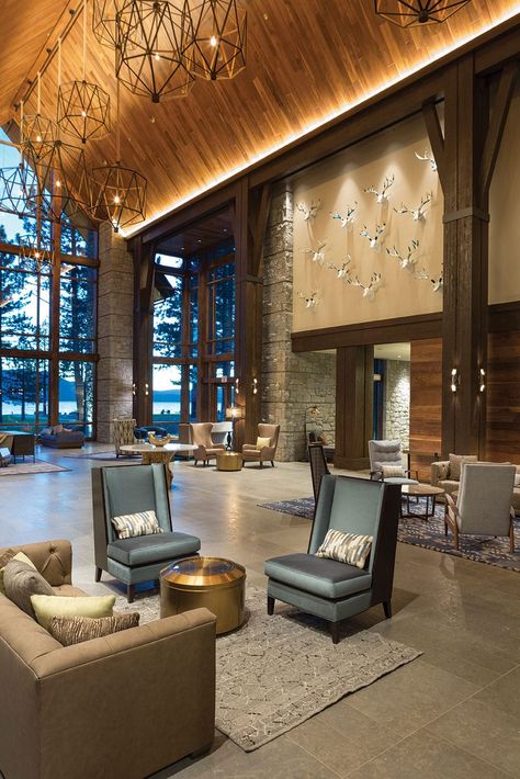 At the Water’s Edge - Tahoe Quarterly Hotel Resort Design, Drawing Celebrities, Lobby Inspiration, Lakehouse Living Room, Lodge Interiors, Hba Design, Famous Drawing, Bohemian Hotel, Edgewood Tahoe