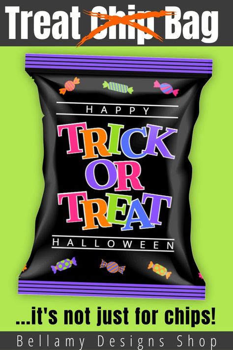 This Halloween themed chip bag isn't just for chips! Just fill this bag with Halloween treats and candy and you've got a fun and festive treat bag. Perfect for School Parties, Trick or Treaters, Halloween Party Favors and so much more! School Holiday Crafts, Halloween Goodie Bags, Trick Or Treaters, Snack Treat, Halloween Party Favors, Festive Treats, Chip Bags, Trick Or Treater, School Parties