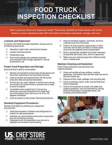 Food Truck Inspection Checklist Food Truck Equipment, Food Truck Design Interior, Food Truck Business Plan, Truck Restaurant, Bbq Food Truck, Starting A Food Truck, Coffee Food Truck, Food Vans, Food Truck Menu