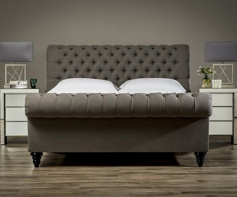 Stanhope Studded Chesterfield Bed | Upholstered Beds From SUENO Chesterfield Bed, Sleigh Bed Frame, Headboard Art, Chicken Shed, Winged Headboard, Sleigh Bed, Sleigh Beds, Velvet Bed, Ottoman Bed