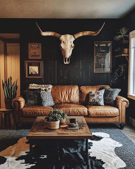 Western Living Room Ideas, Modern Country Living Room, Western Living Room Decor, Dark Western, Cozy Reading Chair, Modern Country Living, Western Interior, Western Living Room, Western Room