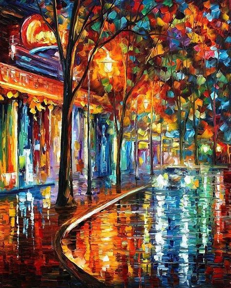 Amazingly Bright and Colorful Oil Painted Landscapes Night Cafe, Leonid Afremov, Oil Painting Texture, Leonid Afremov Paintings, Night Painting, Colorful Paintings, Modern Wall Art, Oil Painting On Canvas, Painting Inspiration