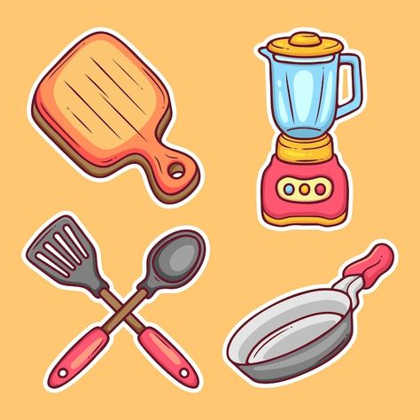 Cooking Doodles, Kitchen Tools Drawing, Kitchen Tools Illustration, Vector Kitchen, Kitchen Tools And Equipment, Kitchen Elements, Kitchen Drawing, Game 2d, Fridge Stickers