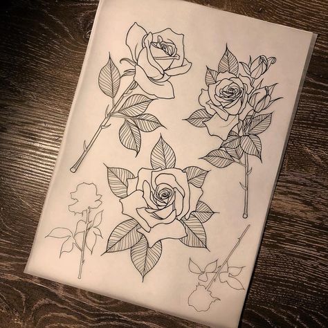 Rose Tattoo Flash Sheet, Rose Flash Sheet, Floral Flash Sheet, Rose Flash Art, Flower Flash Sheet, Rose Flash Tattoo, Rose Tattoo Flash, Floral Reference, Crow Tattoo Design