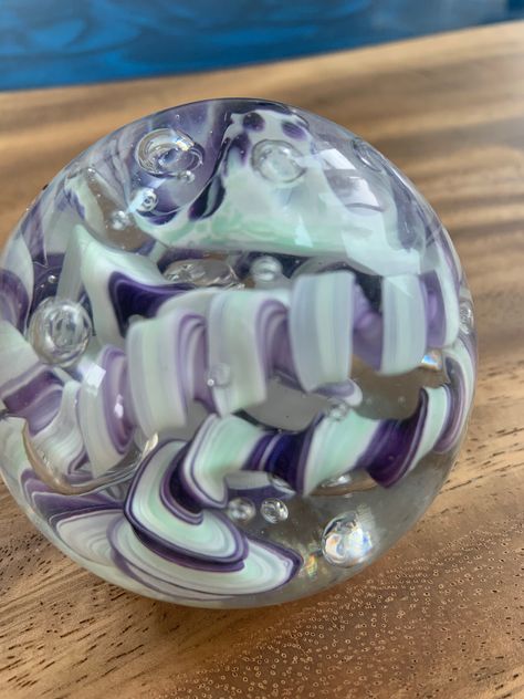 Beautiful hand blown glass paperweight. Has amazing purple and white color and design. Size is a little under 3". Looks so nice on a desk or in the light on a shelf. Art Glass Paperweight, Spiral Design, Glass Marbles, Glass Paperweights, Purple And White, Paperweights, Hand Blown Glass, Blown Glass, Beautiful Hand