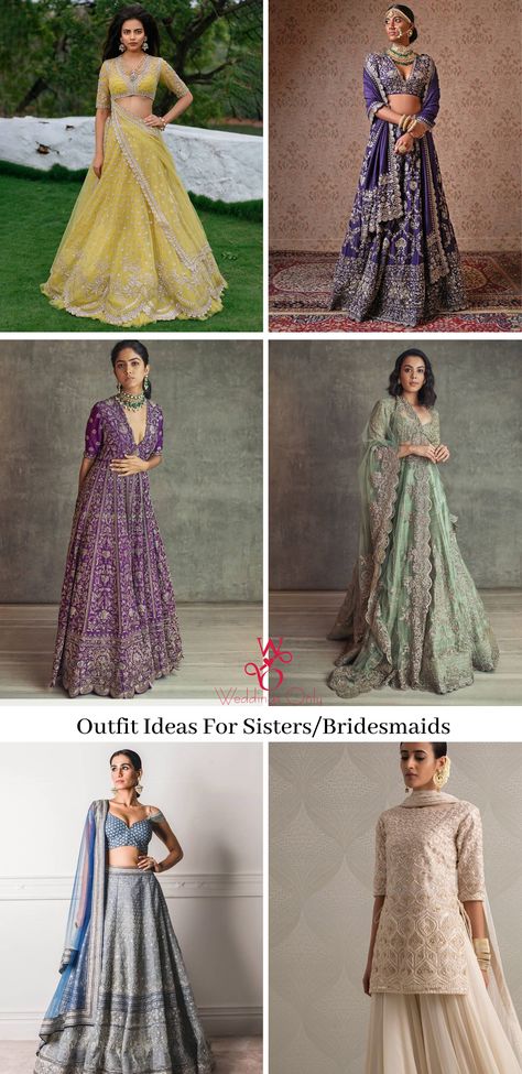 Outfits For Brothers Engagement, Indian Wedding Look For Sister, Indian Bride's Sister Outfit, Phera Outfit For Bridesmaid, Groom's Sister Outfit, Groom's Sister Lehenga, Engagement Outfit For Grooms Sister, Outfit For Brothers Engagement, Sangeet Outfit For Groom Sister