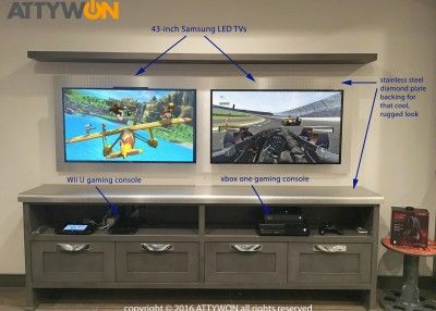 Basement VIDEO GAME retreat is complete with XBOX ONE, Wii U, Samsung TVs Home Gym Wall Decor, Boys Game Room, Basement Games, Gym Wall Decor, Game Room Basement, Game Room Family, Video Game Room Design, Video Game Rooms, Tv In Bedroom