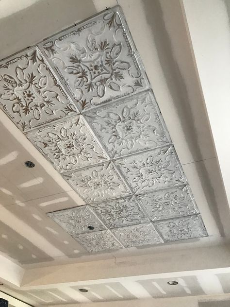 Blog: How to Paint & Distress Tin Tiles| American Tin Ceilings Painted Tin Ceiling, Painted Tin Ceiling Tiles, Tin Ceiling Kitchen, White Tin Ceiling, Bedroom Ceiling Ideas, Ceiling Tiles Painted, Tin Tile Backsplash, Plastic Ceiling Tiles, Antique Ceiling Tile