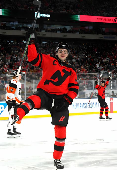 Nico after scoring his second goal during the Stadium Series game!! 2/17/24 Nico Hischier Wallpaper, Nico Hischier, Nj Devils, Hockey Guys, Hockey Men, Blue Eyed Men, Hot Hockey Players, Oh Captain My Captain, Hockey Girl