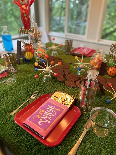 Wonka Dinner Party, Willy Wonka Themed Dinner, Willy Wonka Wedding Theme, Wonka Movie Night, Willy Wonka Movie Night, Willy Wonka Themed Food, Willy Wonka Party Food, Willy Wonka Party Ideas, Wonka Themed Party