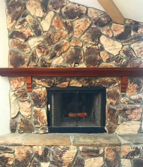 How to Paint a Brick or Stone Fireplace Painted Outdoor Fireplace, Painting Old Fireplace, Painting River Rock Fireplace, How To Paint Fireplace Stone, Painted Brick Hearth, Paint A Stone Fireplace, How To Paint A Rock Fireplace, Painted Rock Fireplace Ideas, Stone Fireplace Makeover Black