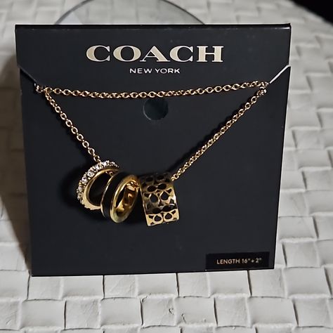 Coach Lecklace, Gold With Back And Diamonds. New With Tag. Coach Jewelry Necklace, Black And Gold Jewelry, Coach Necklace, October Jewelry, Open Circle Necklace, Coach Jewelry, Wrist Jewelry, Belly Jewelry, Stacked Necklaces