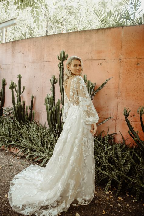 Bridal Gown Floral Lace Wedding Dress, Wedding Dresses Whimsical, Wedding Dress Flowy, Sheer Wedding Dress, Bridal Studio, Beige Wedding, Long Sleeve Wedding Dress Lace, Floral Wedding Dress, Wedding 2024