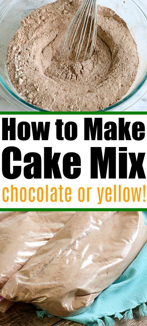 How to make cake mix either chocolate or yellow with ingredients at home. If you don't have boxed cake mix you can still save dessert. Diy Yellow Cake, Cake Mix From Scratch, Cake Mix Recipes Homemade, Homemade Yellow Cake, Yellow Cake Mix Recipes, Homemade Cake Mixes, Easy Dump Cake Recipe, Cake Mix Ingredients, Yellow Cake Recipe