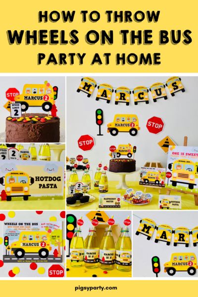 Wheels on the Bus Party Ideas for a Wheelie Fun Time | Pigsy Party – PigsyParty Wheels On The Bus Party, Panneau Stop, School Bus Party, Bus Party, Bus Girl, Yellow School Bus, Party Girlande, Bottle Wrappers, Photos Booth