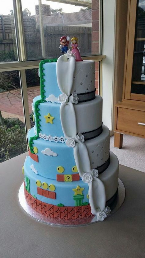 Gamer Wedding Cake, Mario And Peach, Wedding Cake Peach, Blush Wedding Cakes, Gamer Wedding, Brothers Wedding, Nerd Wedding, Funny Wedding Cakes, Big Wedding Cakes