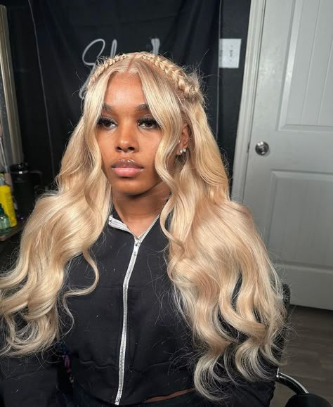 Wig Install Fishtail Braid, Hair Bow Style Black Women, Crown Hairstyles Wig, Fish Braid Hairstyles Wig, Wig Install With Bow, Blonde Wig With Crimps, Honey Blonde Wig Styles, Styles For Wigs Black Women, Ash Blonde Wig Hairstyles