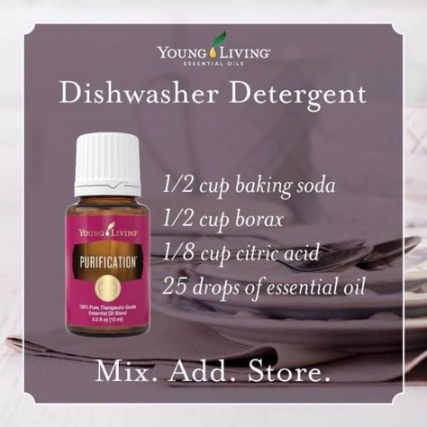 Young Living Essential Oils Dishwasher Detergent Diy Dishwasher Detergent, Homemade Dishwasher Detergent, Purification Essential Oil, Detergent Recipe, Young Living Essential Oils Recipes, Essential Oils Cleaning, Yl Essential Oils, Essential Oil Mixes, Living Essentials Oils