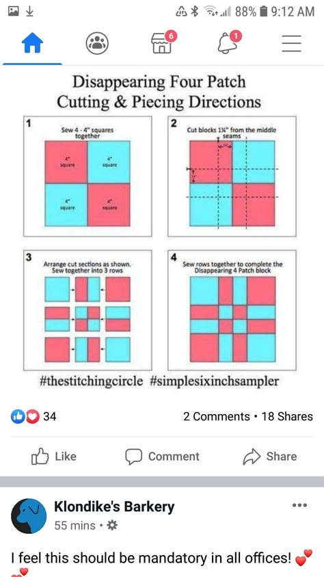 Easy 12 Inch Quilt Blocks, Four Square Quilt Pattern, 4 Square Quilt Pattern, Basic Quilt Blocks, Disappearing 9 Patch Quilt Pattern Free, 4 Patch Quilt Pattern Ideas, Easy Quilt Blocks For Beginners, Quilting Designs For Squares, Square Quilt Patterns Easy