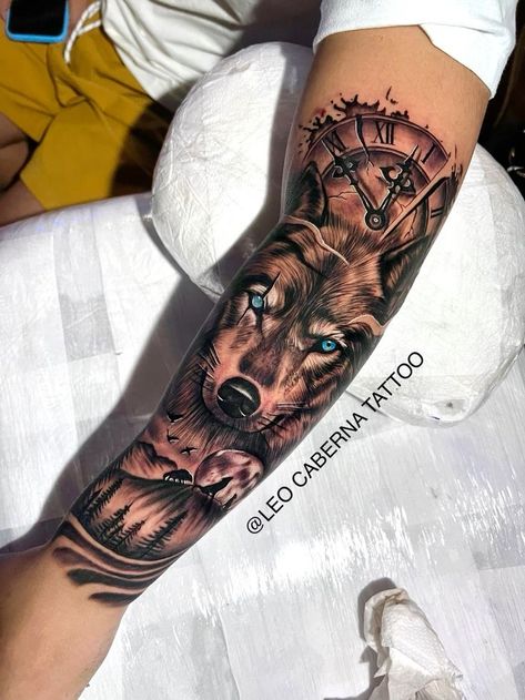 Animal Arm Tattoo, Wolf Arm Tattoo, Wolf Forearm Tattoo, Family Sleeve Tattoo, Back Of Forearm Tattoo, Wolf Tattoo Forearm, Cover Up Tattoos For Men, Tattoos Masculinas, Left Arm Tattoos