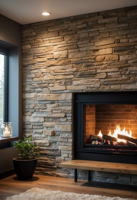 25 Fireplace Accent Wall Ideas to Create the Ultimate Cozy Corner Fireplace With No Hearth Ideas, Corner Fireplace Stone Ideas, Farmhouse Stone Fireplace Ideas, Indoor Stone Wall Living Room, Rock Accent Wall Living Room, Corner Stone Fireplace Ideas, Fireplace Wall Ideas Stone, Stone Tv Wall Ideas Living Room, Stone Feature Wall Living Room