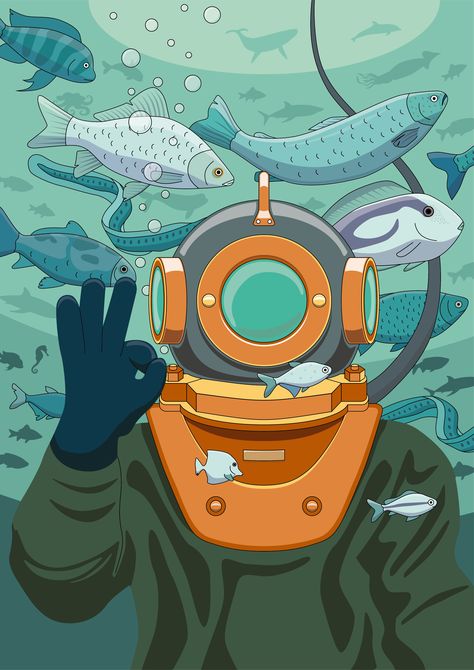 Scuba diver | Everything is ok | illustration | vector Commercial Diver Art, Scuba Diver Painting, Scuba Drawing, Scuba Illustration, Scuba Diving Drawing, Scuba Diver Illustration, Scuba Diver Drawing, Diving Helmet Illustration, Scuba Diving Illustration