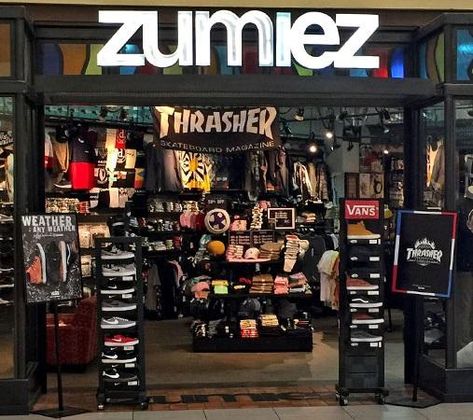 All types of merchandising sold here. Not just one certain thing. Zumiez Store, Skateboard Aesthetic, Cool Vans, Skateboard Store, Shop Front Design, Shop Front, Clothing Retail, Store Interior, Job Application