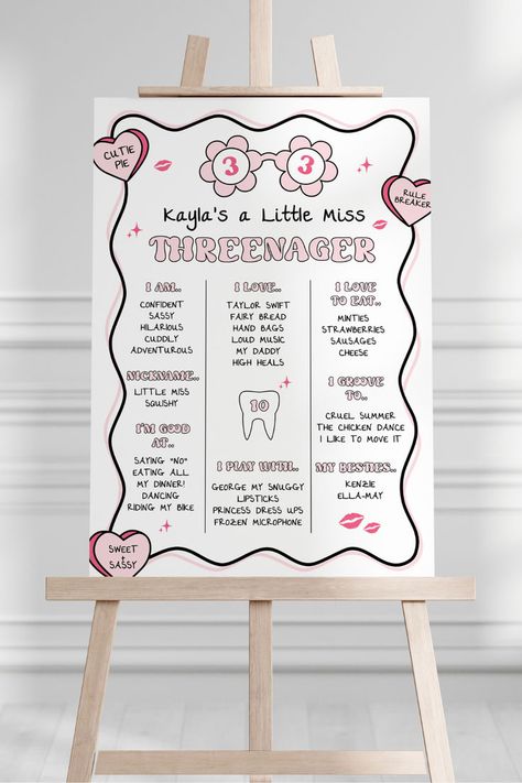 "Cherish the milestones of your Little Miss Threenager with our adorable Milestone Board! 🌟✨ Perfect for Threenager Birthday Party Ideas, this personalized sign captures the precious moments of your little one's journey. Celebrate three fabulous years with style and charm! #ThreenagerBirthday #MilestoneBoard #LittleMissThreenager #PartyIdeas" Threenager Birthday Party Ideas, Threenager Birthday Party Decorations, Threenager Birthday Party, Threenager Birthday, Little Miss Threenager, Threenager Party, Kids Spa Party, Girls 3rd Birthday, In My Era