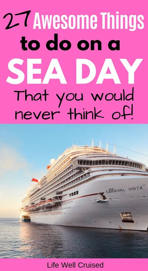 A seriously great list of the best things to do on a cruise on sea days! Whether you like to be active, have scheduled activities or find some quiet things to do (taking care just of you), or are looking for family activities - days at sea can be amazing! Find out what you need to know, before you cruise! #seadays #cruiseactivities #cruisetips #cruising #cruiselife #cruisefirsttime Embarkation Day, Carnival Cruise Tips, Cruise Tips Royal Caribbean, Cruise Activities, Cruise Packing Tips, Carribean Cruise, Cruise Essentials, Cruise Planning, Cruise Excursions