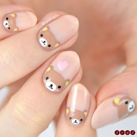 Rilakkuma Nails, Animal Nail Designs, Kawaii Nail Art, Animal Nail Art, Bears Nails, Anime Nails, Animal Nails, Soft Nails, Kawaii Nails