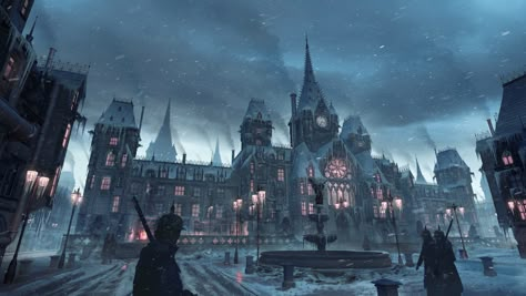 "The Ice Auditorium" by Piotr Ciechanowicz Victorian City Art, Town Concept Art, Victorian City, Blades In The Dark, Dark Castle, Fantasy Architecture, Winter City, Landscape Concept, Dnd Maps