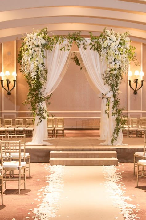 Wedding Ceremony At Tables, Indoor Ballroom Wedding Ceremony, Ceremony In Reception Space, Wedding Ceremony Set Up Indoor, Simple Wedding Decorations Indoor Ceremony Backdrop, Simple Wedding Alter Ideas Indoor, Wedding Venue Decorations Indoor Simple, Wedding Set Up Indoor, Wedding Flower Arch Indoor