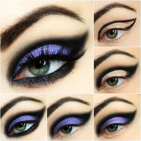 Edgey Eyeshadow Look Maquillage Halloween Simple, Makeup Zombie, Fantasy Make-up, Halloweenský Makeup, Halloween Make-up Looks, Make Up Designs, Purple Eye Makeup, Witch Makeup, Halloween Eye Makeup