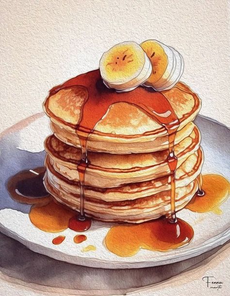 Pancake Digital Art, Pancake Recipe Illustration, Stack Of Pancakes Drawing, Pancake Illustration Drawings, Aesthetic Food Illustration, Pancake Painting Acrylic, Cafe Food Drawing, Pancake Sketch, Pancakes Drawing