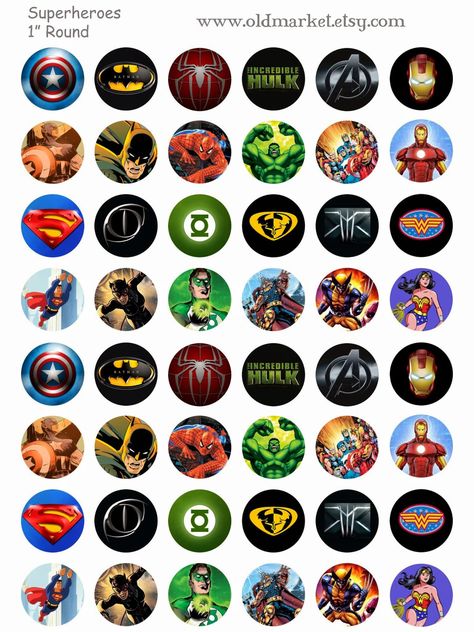 FREE Superhero Bottle Cap Collage Sheet, includes Spiderman, batman, the hulk, thor, ironman, captain america, superman, wonder woman, xmen Cabachon Ideas, Avengers Symbols, Bottle Cap Projects, Bottle Cap Magnets, Old Market, Bottle Cap Necklace, Bottle Cap Art, Magnet Crafts, Bottle Cap Crafts