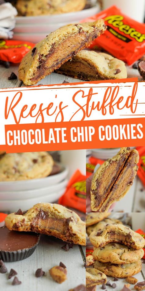 Reese's Stuffed Chocolate Chip Cookies! Amazing Peanut Butter Chocolate Chip Cookies stuffed with Reese's Cups and baked to perfection! The perfect stuffed cookie recipe with peanut butter and chocolate in one! #lemonpeony #peanutbuttercups #reesescups #chocolatechipstuffedcookies Peanut Butter Chocolate Chip Cookies Recipe, Recipe With Peanut Butter, Stuffed Chocolate Chip Cookies, Cookies Stuffed, Stuffed Cookies, Peanut Butter Cup Cookies, Ultimate Cookies, Peanut Recipes, Chocolate Chip Cookies Recipe