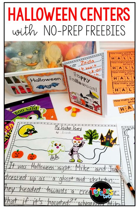 I love these having centers at my Halloween or fall parties. Here are some ideas for easy, free, no-prep centers that are meaningful and fun! Perfect for the month of October! #tejedastots #halloweencenters #halloweenactivities Third Grade Halloween, Activities For October, Center Activities For Kindergarten, Halloween Reading Activity, Halloween Literacy Activities, Halloween Literacy Centers, Halloween Elementary, October Kindergarten, Halloween Lesson Plans