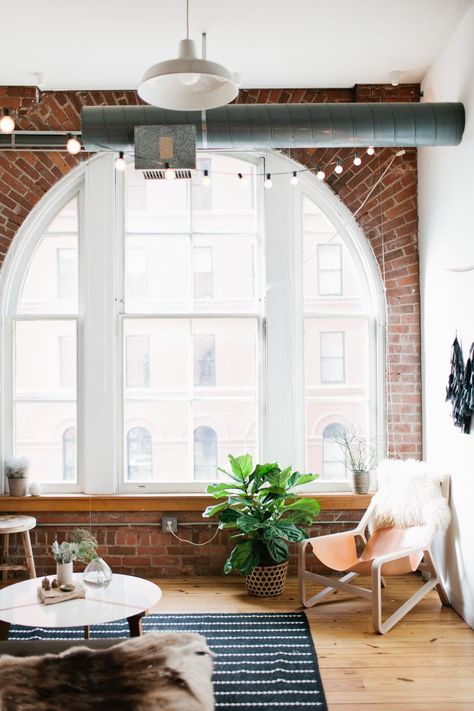 Dreamy window! #THEOUTNET #Interiors Minneapolis Apartment, Loft Living, Loft Apartment, Design Del Prodotto, Decoration Inspiration, Scandinavian Home, A Living Room, Exposed Brick, Home Fashion